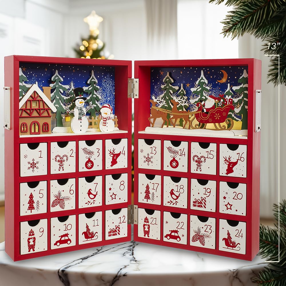 Kurt Adler 33 cm batteriebetriebener beleuchteter Weihnachts-Adventskalander aus Holz