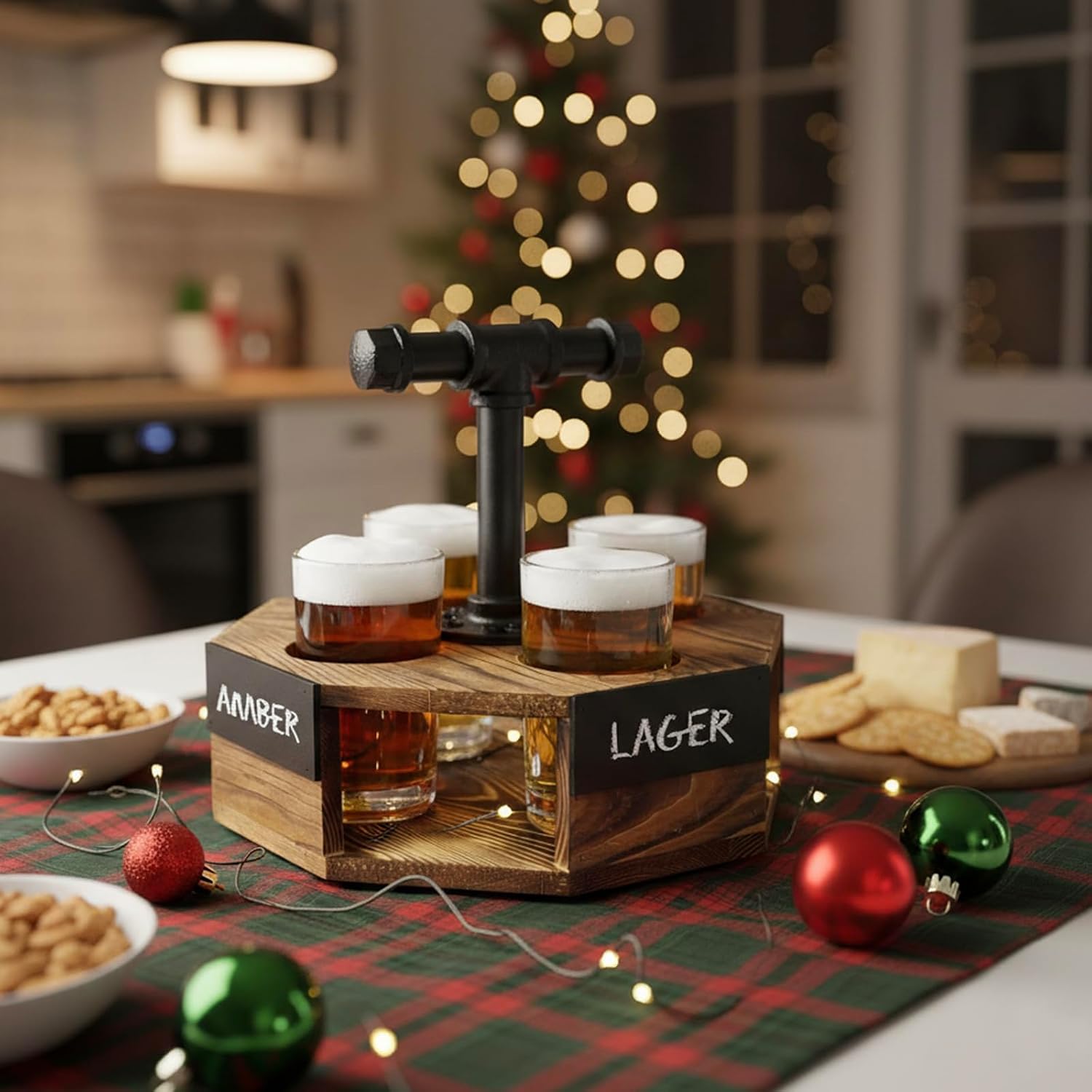 MyGift Burnt Wood Beer Flight Server with Pipe Handle & 4 Beer Glasses