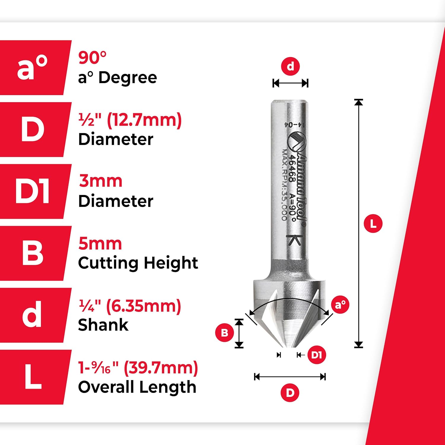 Amana Tool CNC Solid Carbide 5 Flute Countersink and Chamfer Router Bit, 46468, 90 Degree Angle x 1/2 D x 5mm CH x 1/4 Shank x 1-9/16 Inch Long