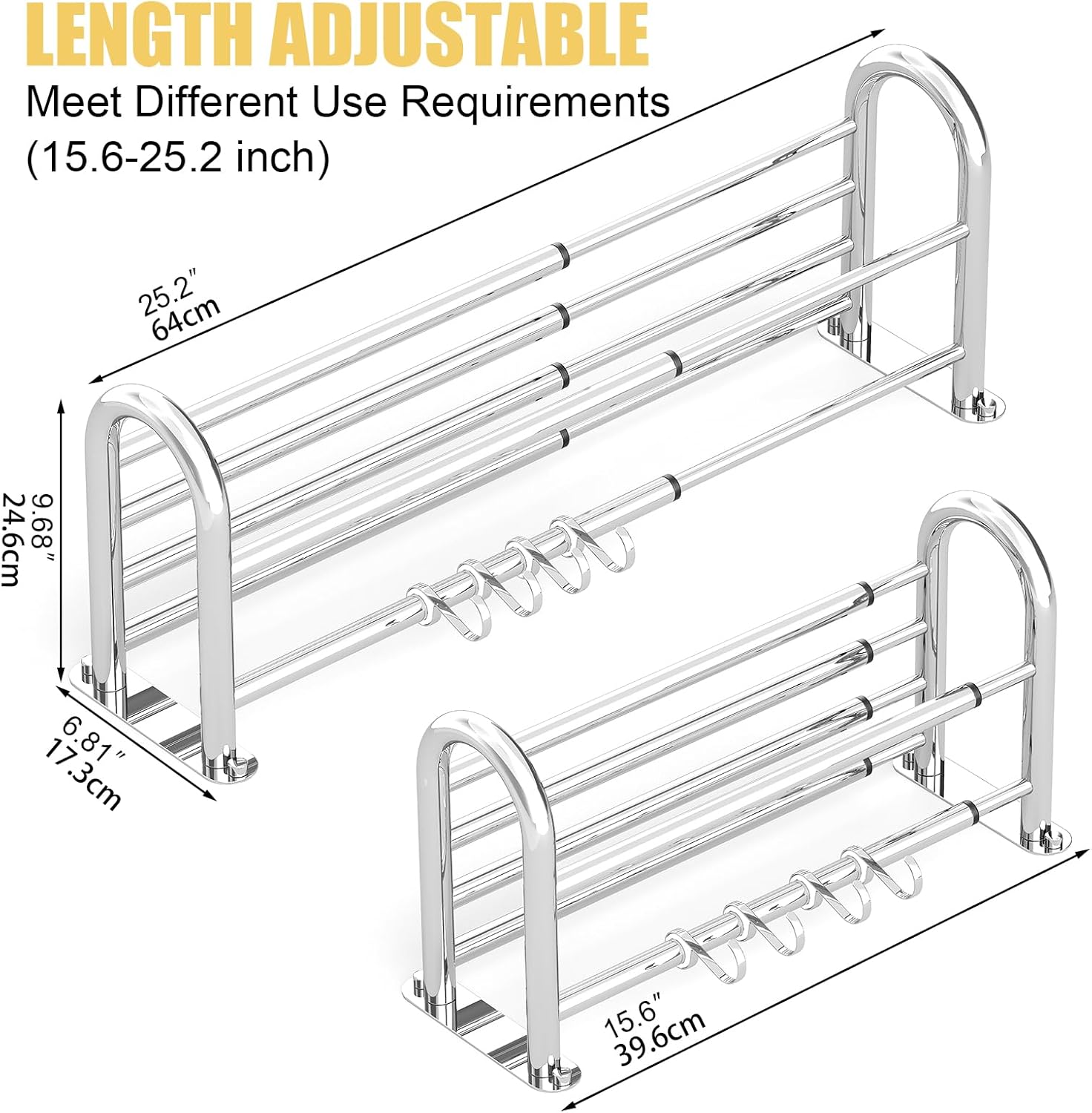 BESy Adjustable 15-25 Inch Towel Rack with Shelf for Bathroom and Lavatory Towel Shelf Double Towel Bar Rod 4 Hooks Wall Mount Multifunction Towel Holder Hotel Style Stainless Steel Polished Chrome