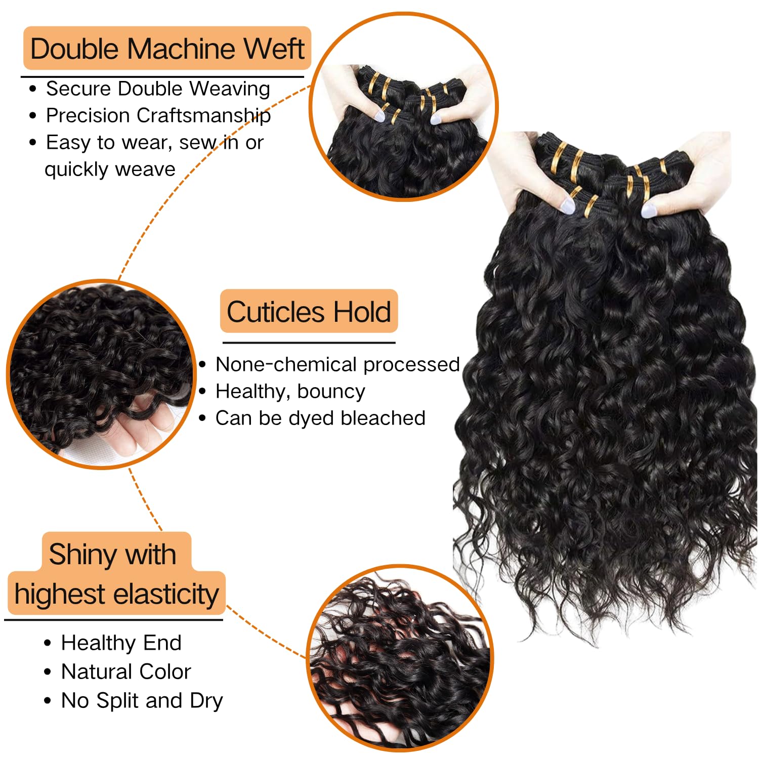 Water Wave Human Hair Bundles Echthaar Tressen Extensions Menschliches Haar Extensions 3 Bundles 100g/pcs Double Weft #1B Natural Black for Woman 12 14 16 Inches (300g Total)