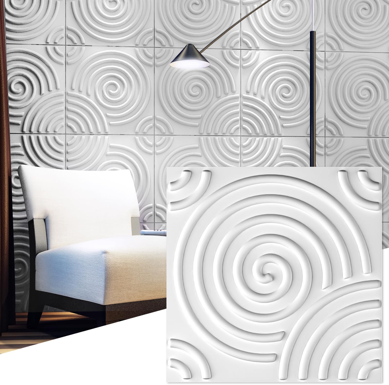 Art3d Paintable 3D Texture Wall Panels, White Vortex, Pack of 12 Tiles 32 Sq Ft (Plant Fiber)