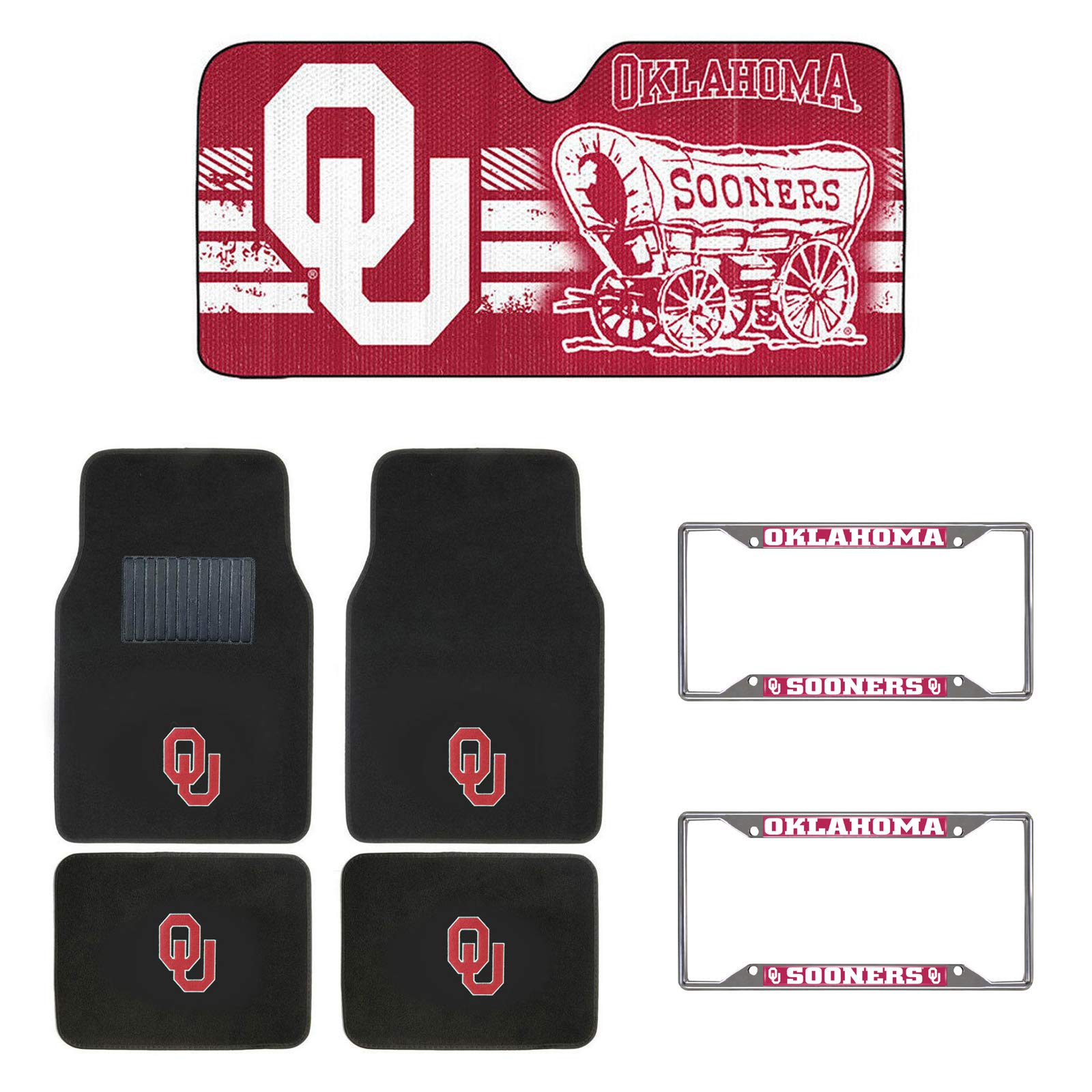 AAC FANMATS NCAA Carpet Floor Mats Bundle with License Plates and Sunshade for Oklahoma Sooners Fans Officially Licensed(7 Items)