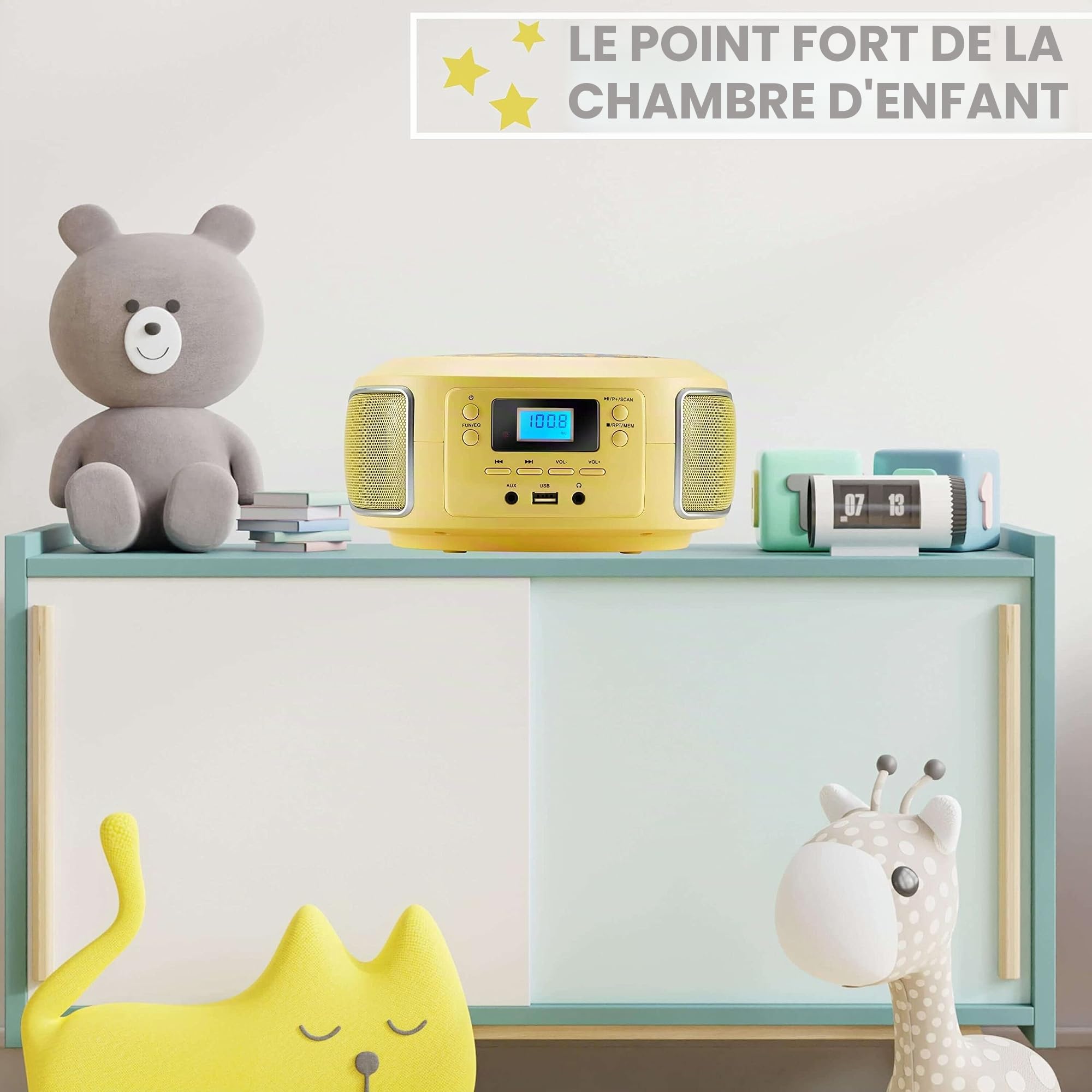Boombox Portable | Radio FM | Entrée AUX | USB | Prise Casque | Système Compact | Lecteur CD | Chaîne Stéréo | Boombox Jaune Glamour