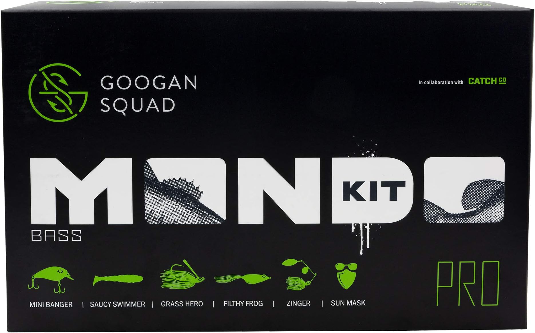 Catch Co Googan Squad Bass Fishing Mondo Kit PRO | Googan Squad Mini Banger, Zinger, Grass Hero, Filthy Frog, Saucy Swimmer, and Necko Sun Mask