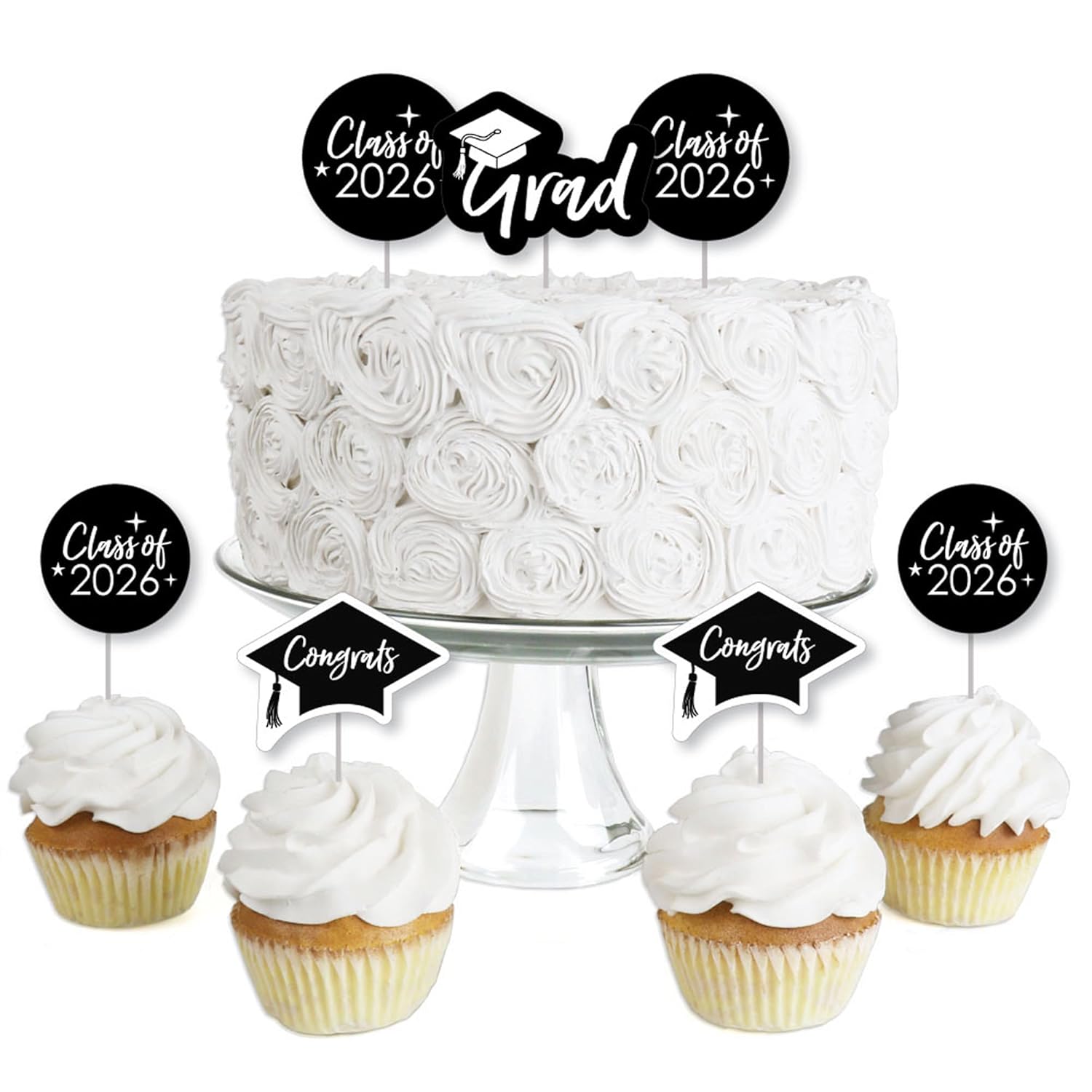 Big Dot of Happiness Black and White 2026 Graduation Party - Dessert Cupcake Toppers - Clear Treat Picks - Set of 24