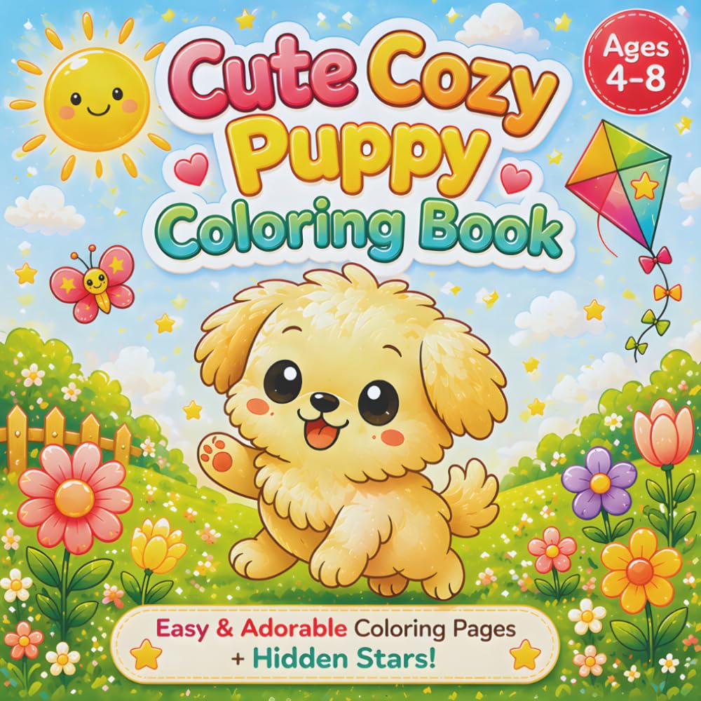 Cute Cozy Puppy Coloring Book: Easy & Adorable Coloring Pages + Hidden Stars!