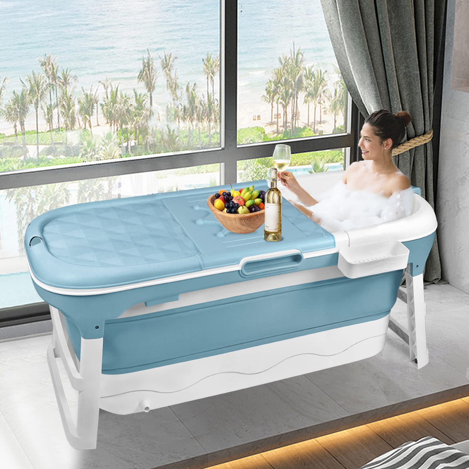 XMTECH Składana wanna dla dorosłych, wolnostojąca wanna do łazienki, 128 x 60 x 53 cm, przenośna, składana wanna XL, z półką na wannę i rolkami do masażu, do małej łazienki i na zewnątrz