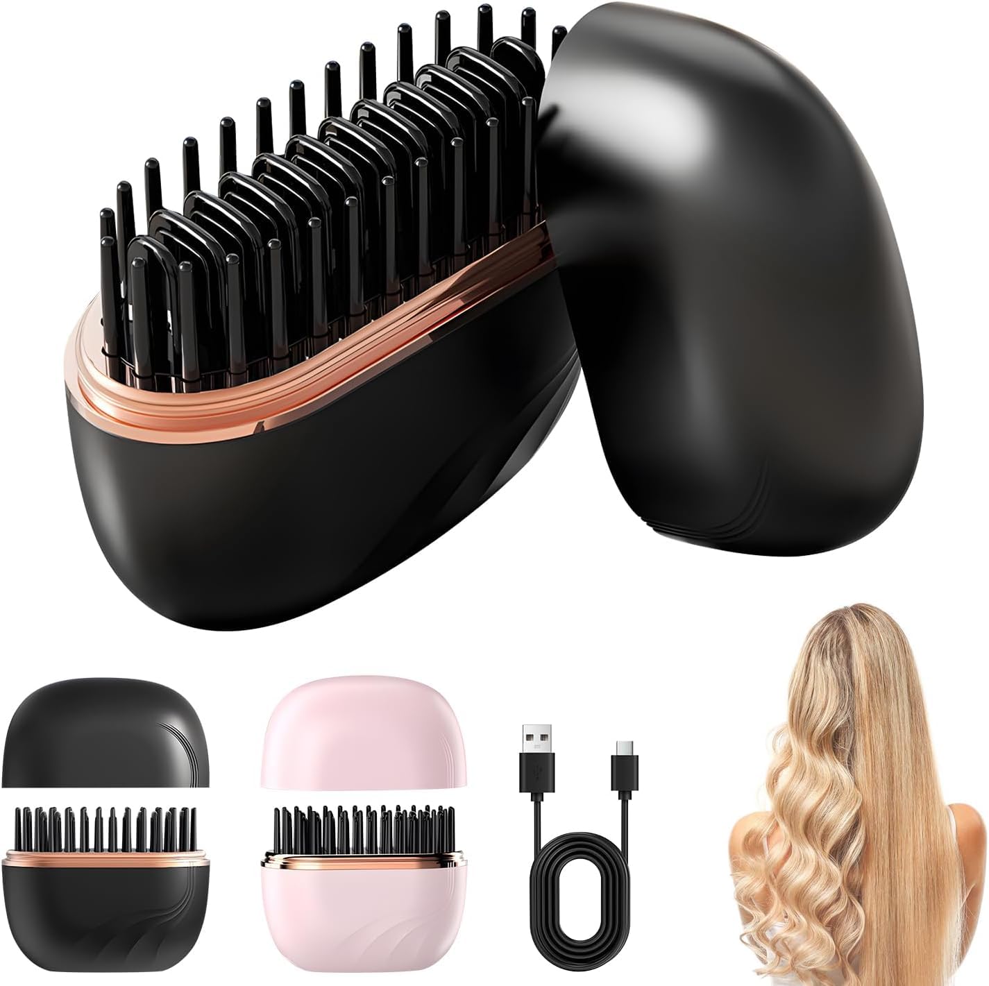 TCCO Mini Cordless Hair Straightener Brush, Rechargeable Portable Hair Straightener Comb with Fast Heating, Anti-Scald Design & Negative Ion, Lightweight Wireless Brush for Travel & All Hair Types