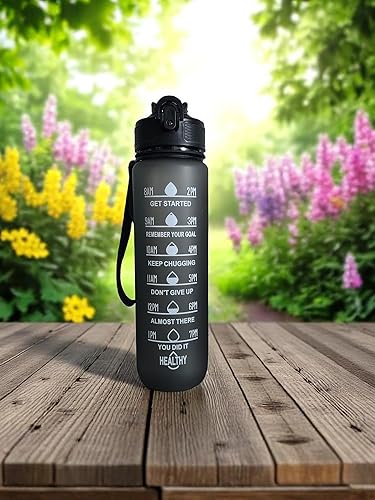 Botella de agua deportiva con marcador de tiempo, 32 onzas, seguimiento motivacional, sin BPA, azul, verde y negro (negro)