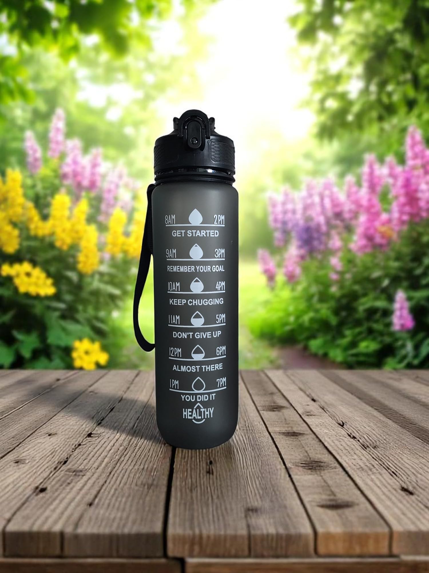 Sports Water Bottle with Time Marker, 32 Oz, Motivational Tracking, BPA Free, Blue, Green and Black (Black)