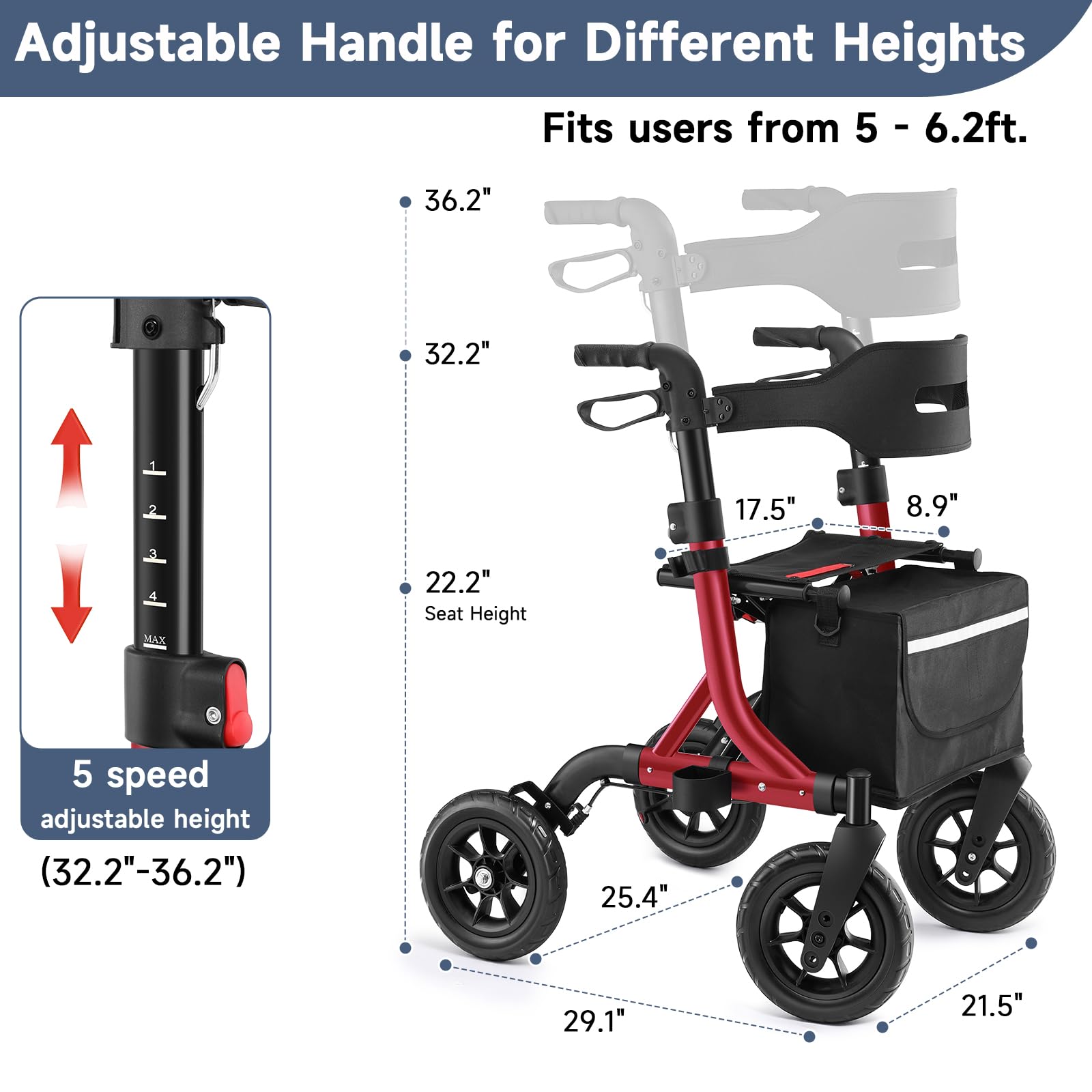 MAXWALK Andador para Ancianos con Ruedas Grandes 25 cm Todo Terreno, Andador Plegable Ligero con Asiento y Altura Ajustable, Andadores Estrechos para Apartamentos- Andadores Adultos (Rojo)