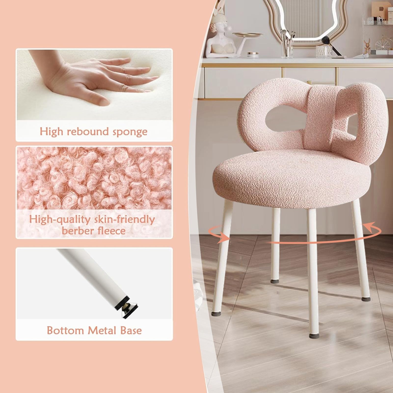 Petit Tabouret de Coiffeuse avec Dossier Noeud Papillon, Chaise de Maquillage pour Chambre à Coucher, Femmes et Filles, Coussinets Pieds réglables, sans accodoirs Salle de Bain, Blanc