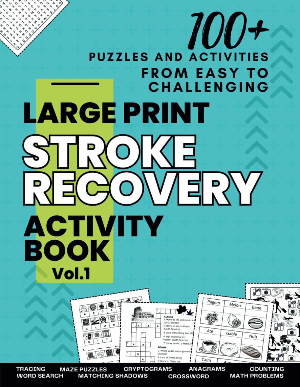 Stroke Recovery Activity Book: Large Print Puzzles to Boost Cognitive Skills for Brain Injury & Aphasia Rehabilitation. Engaging Activities include Anagrams, Cryptograms, Word searches, and More.