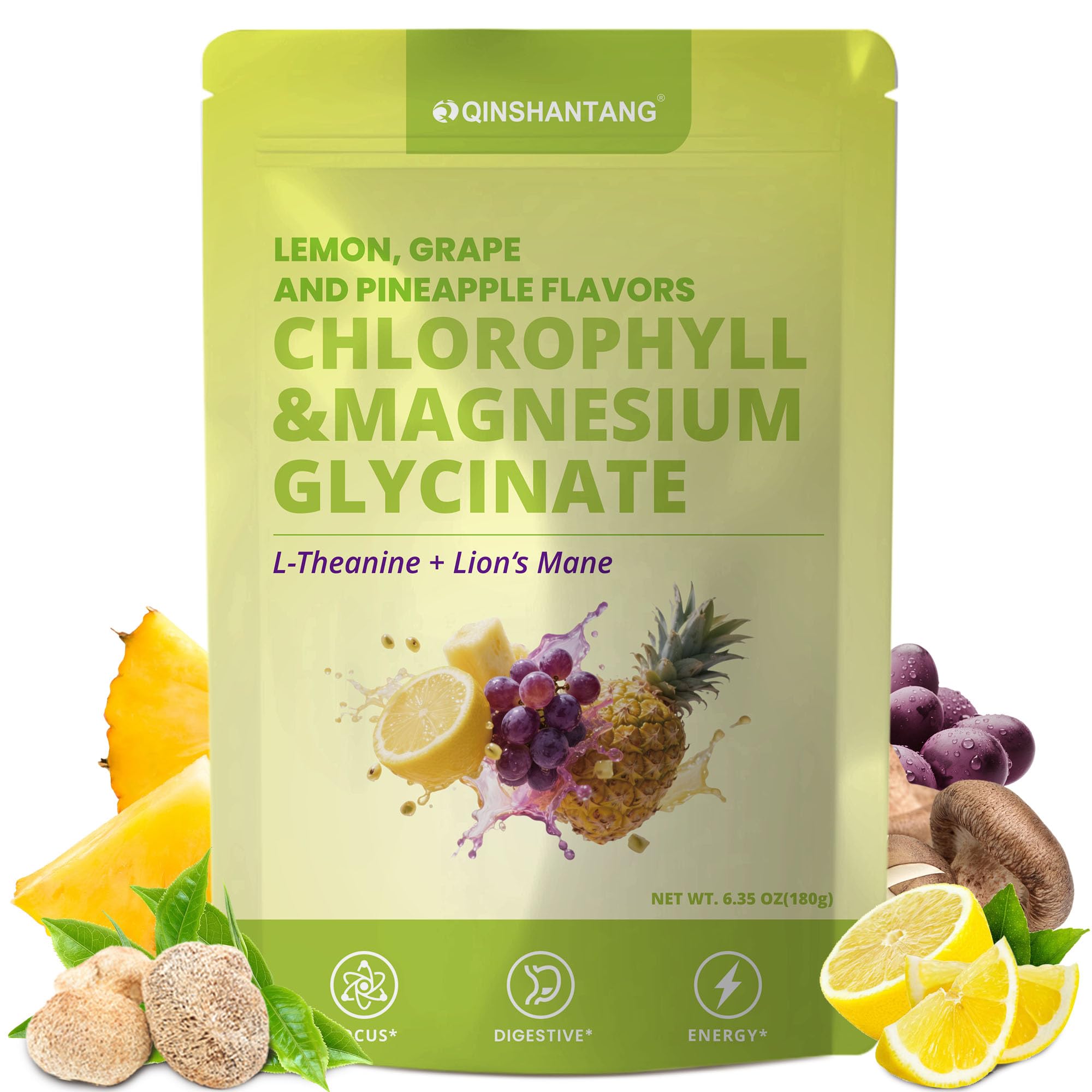 Magnesium Glycinate Powder with Chlorophyll, L-Theanine & Adaptogenic Lion’s Mane | Calm, Relaxation & Whole-Body Wellness Support | Vegan, Non-GMO | Lemon, Grape & Pineapple Flavors, 30 Servings