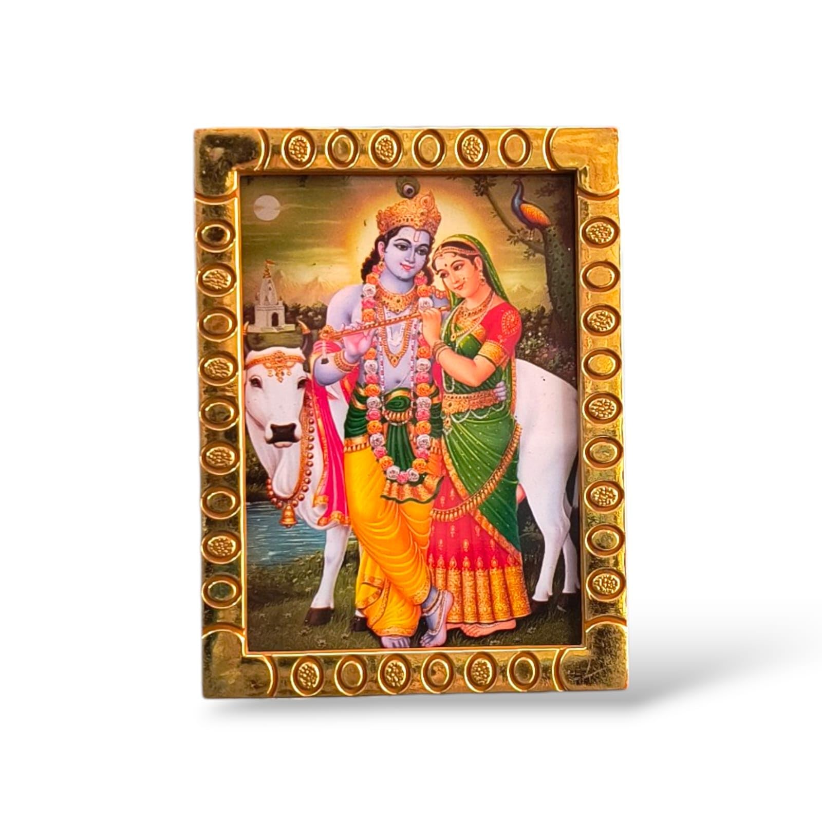 Aura Pooja Small Shri Radha Krishna Table Top Photo Frame – Golden Finish | 9 x 6.5 cm | Religious Frame for Home Temple & Office-image-5