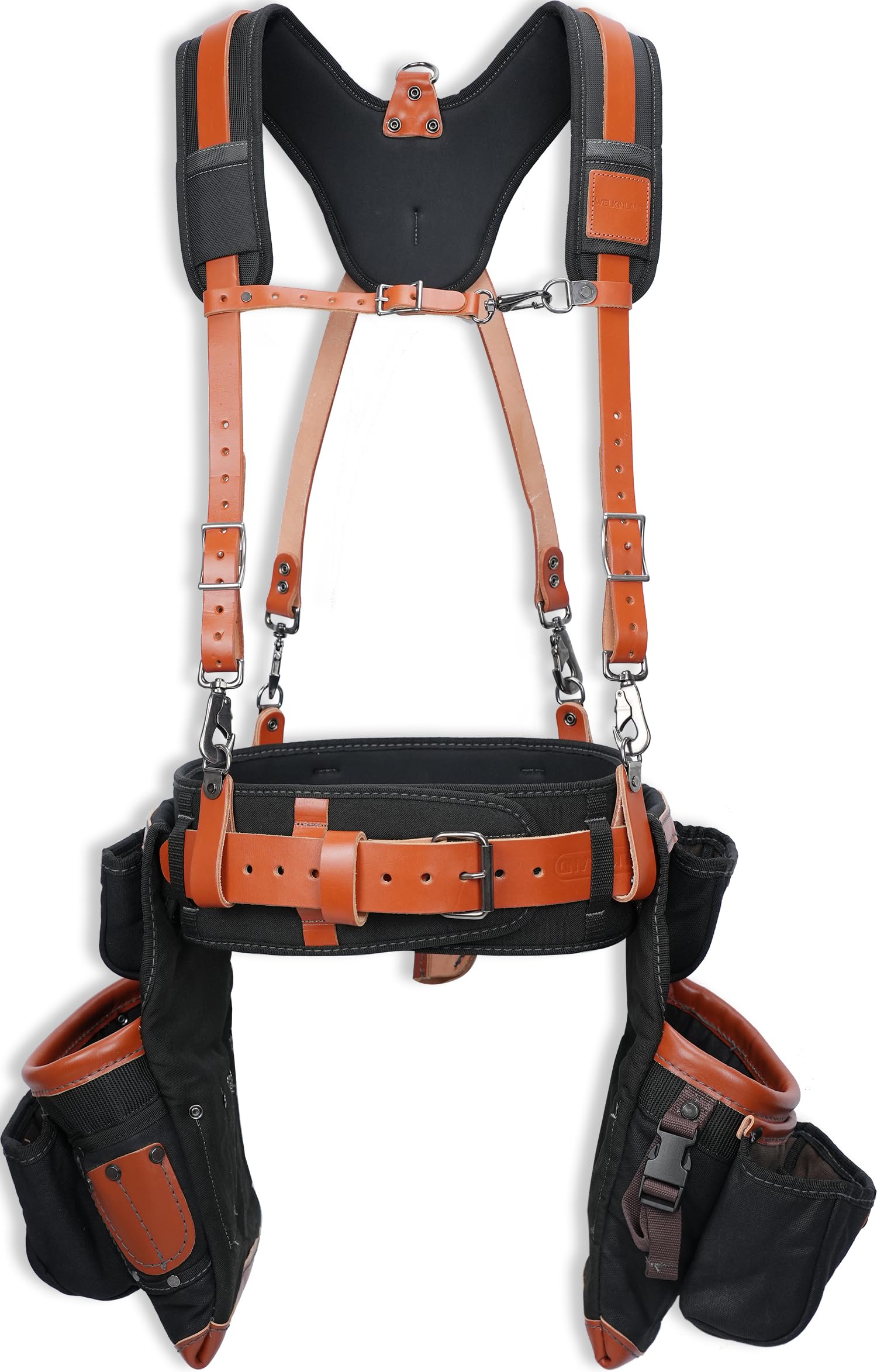 WELKINLAND Top-Grain Leather Tool Belt With Suspenders, Heavy-Duty Leather Tool Belts With Suspender, 22-Pocket Carpenter Pouches For Construction,