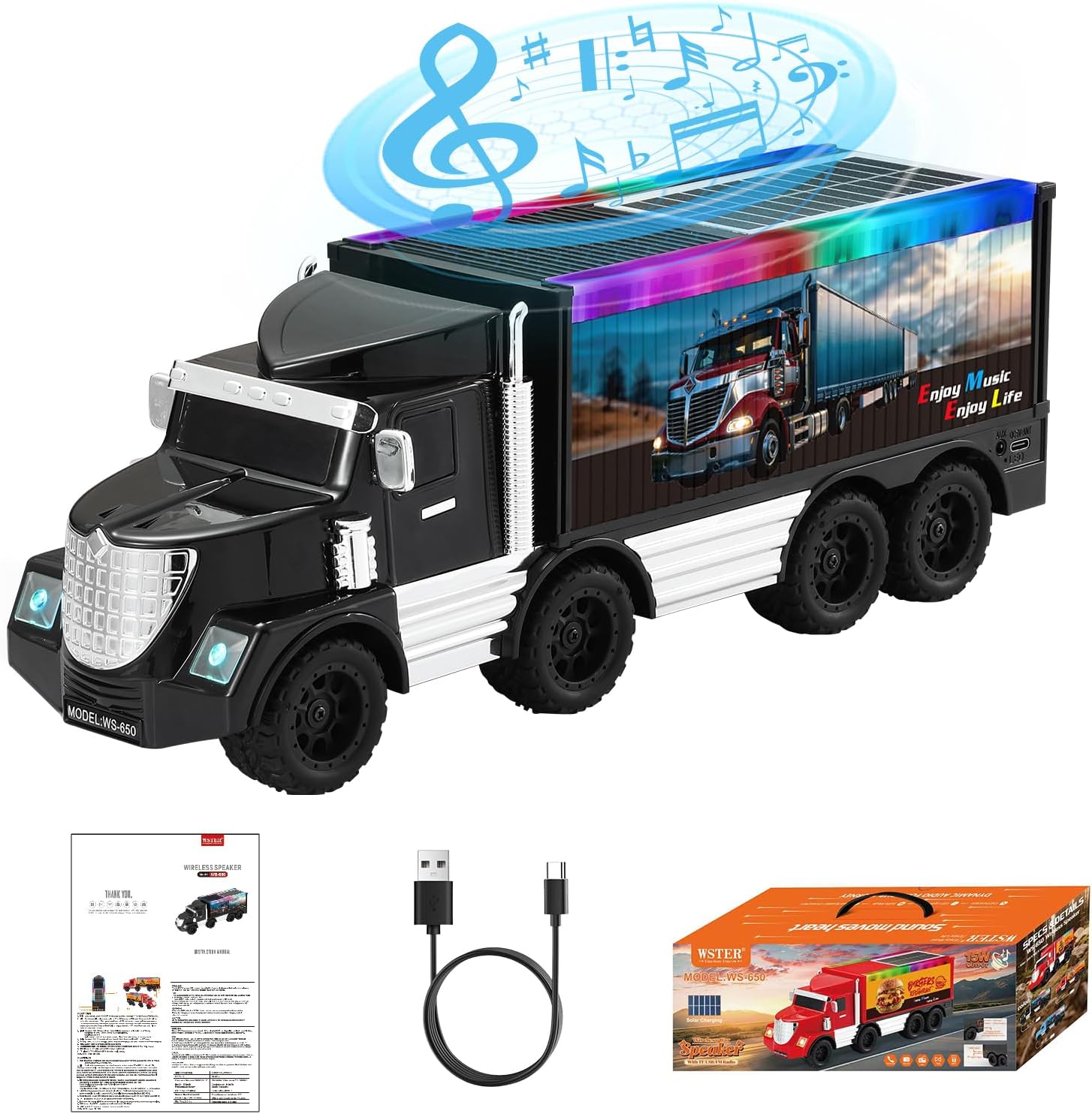 WSTER WS-650 Cargo Semi Truck Bluetooth Speaker with Solar (Black)