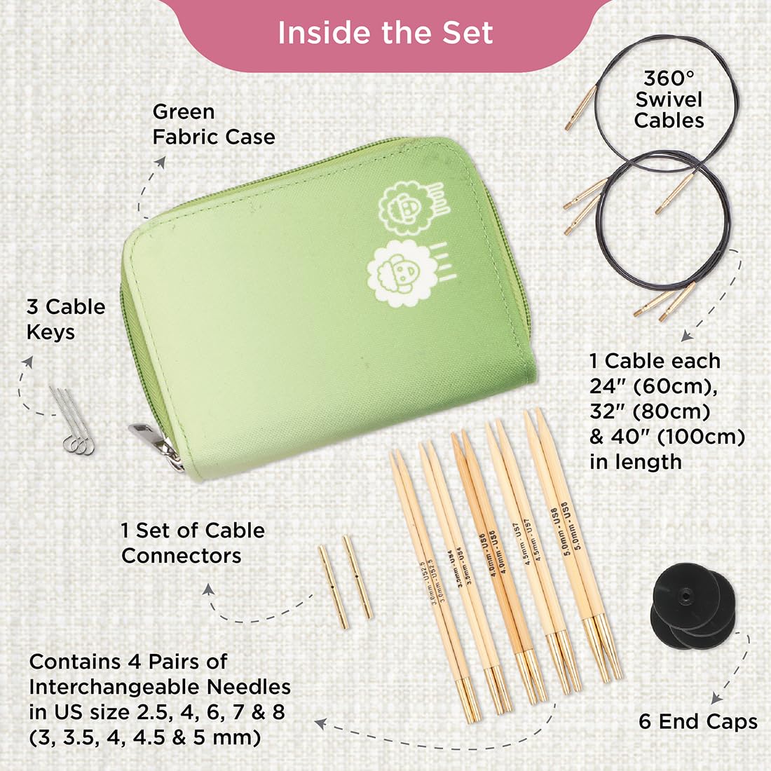 KnitPro Bamboo Starter Nadelspitzen Set 5" (13cm) I 5 Stärken (3mm – 5mm)