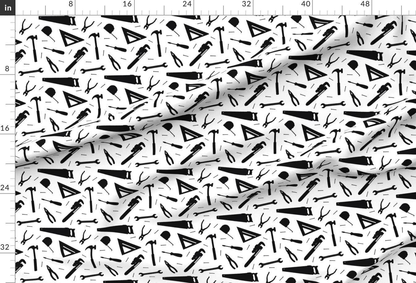 Spoonflower Fabric - Masculine Construction Tools Tool Box Hammer Wrench Black White Printed on Upholstery Velvet Fabric Fat Quarter - Upholstery Home Decor Bottomweight Apparel