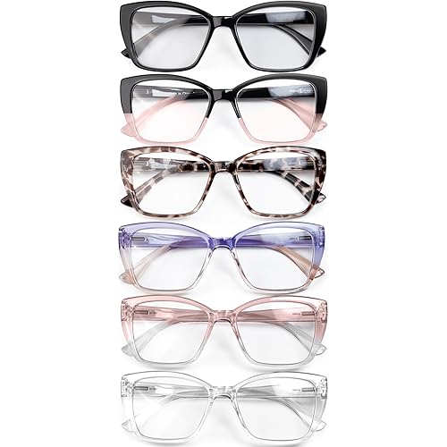 6 Pack Oversized Stylish Reading Glasses Women Blue Light Blocking Readers Cateye Eyeglasses with Spring Hinge