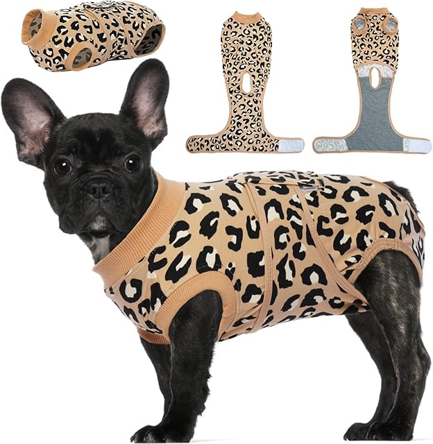 Kuoser Dog Surgery Recovery Suit, Pet Leopard Printed Recovery Shirt Dog After Surgery Vest for Abdominal Wounds Skin Disease, E-Collar & Cone Alternative, Prevent Licking Dog Onesies, Brown