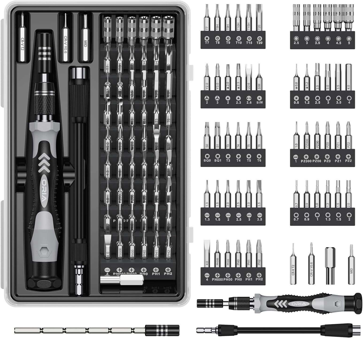 ORIA 61 in 1 Precision Screwdriver Set with 57 Bits, Magnetic Screwdriver Kit, Portable Repair Tool Kit for Smartphone, PC, Watch, Toys - Includes Extension and Flexible Rod, Black