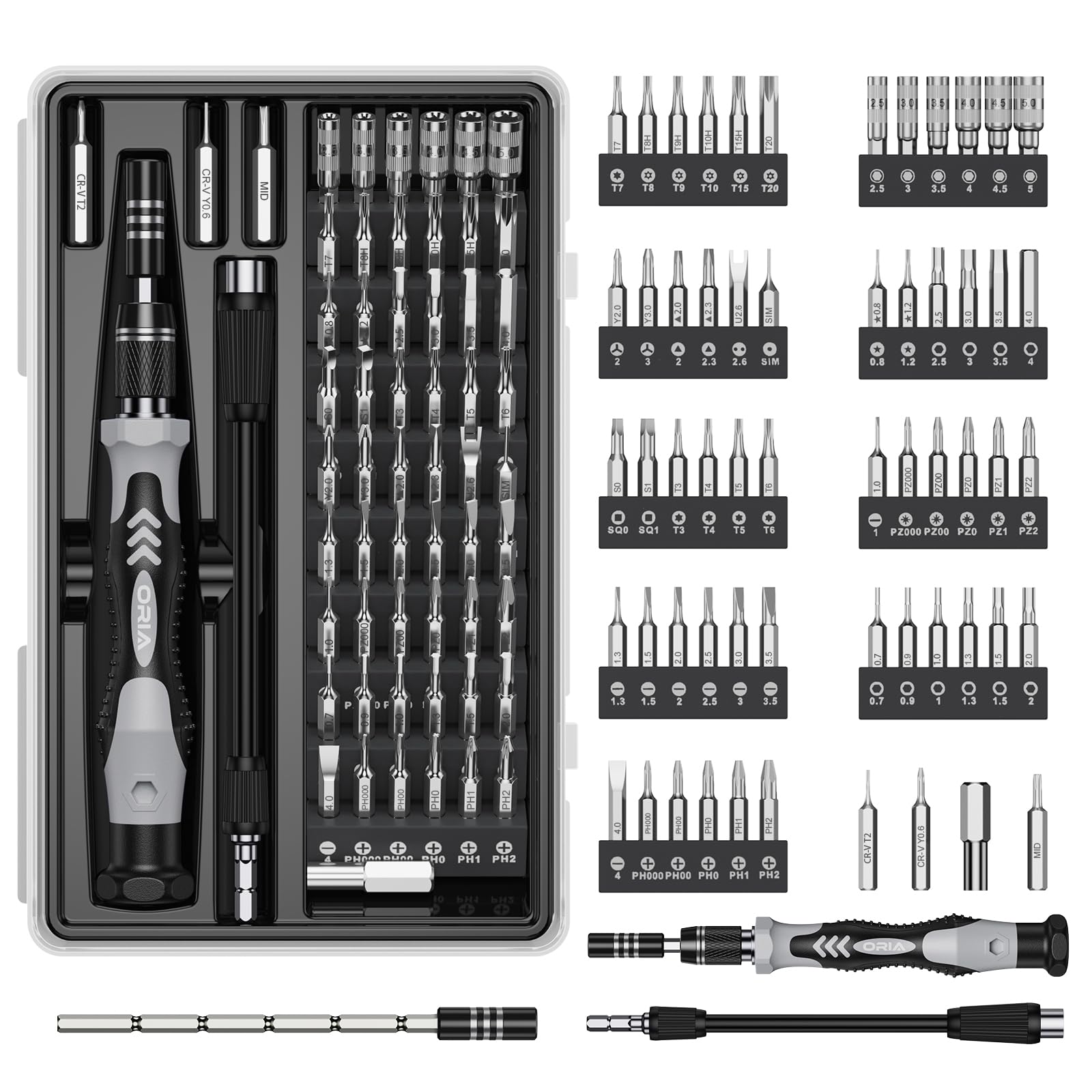 ORIA 61 in 1 Precision Screwdriver Set with 57 Bits, Magnetic Screwdriver Kit, Portable Repair Tool Kit for Smartphone, PC, Watch, Toys - Includes Extension and Flexible Rod, Black
