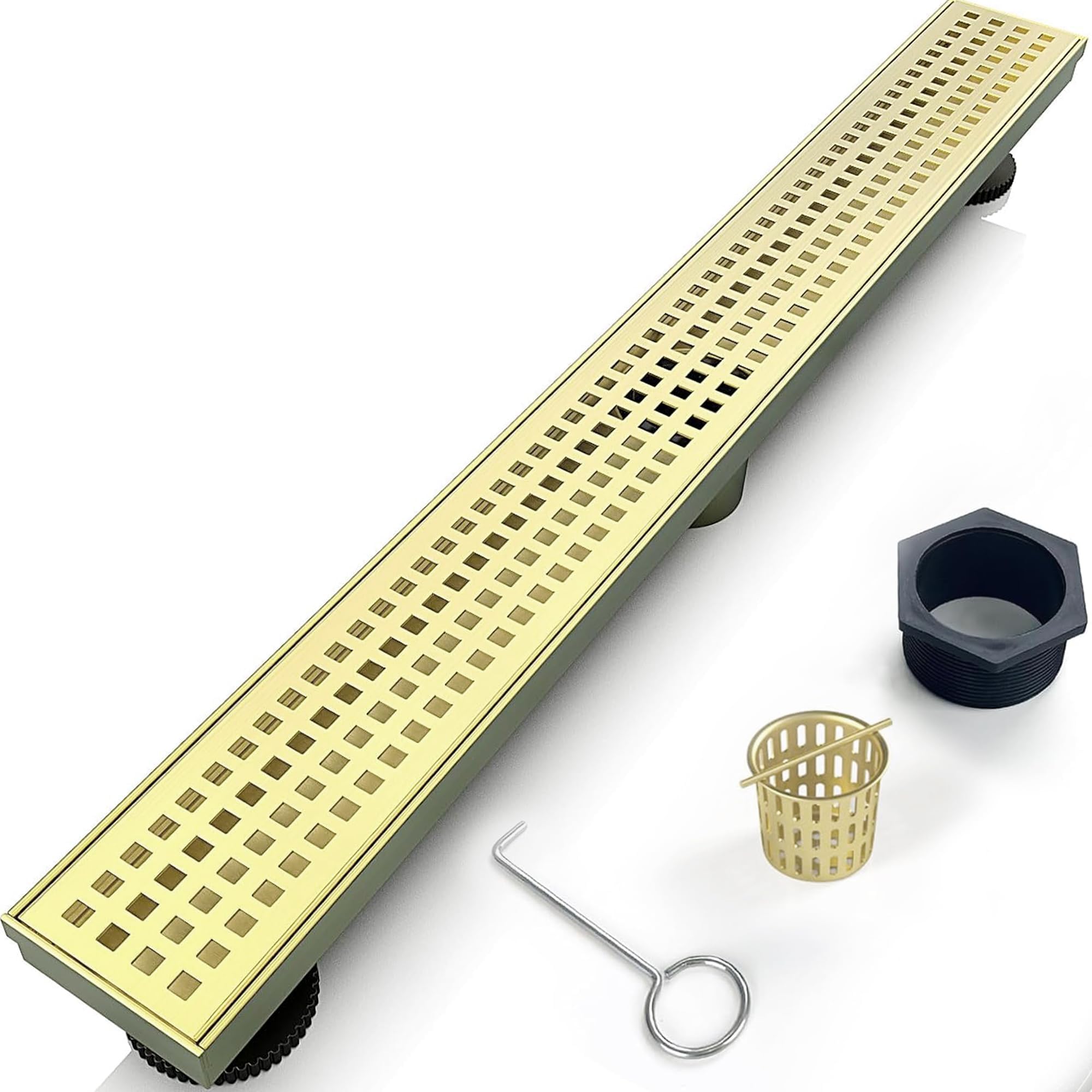 32 Inch Linear Shower Drain Bathroom Kitchen Golden Floor Drain Removable Capsule Pattern Cover Accessories Shower Drain 304 Stainless Steel Drain with Hair Strainer Adjustable Leveling Feet