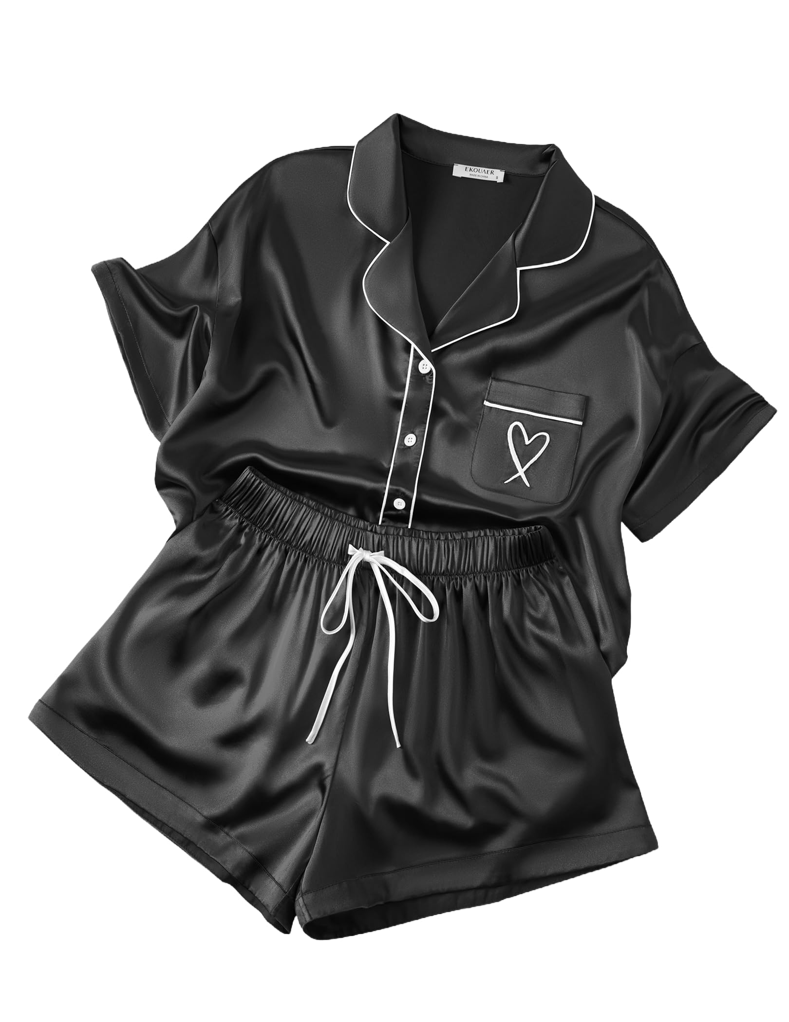 Ekouaer Womens Silk Satin Pajama Set 2 Piece Heart Embroidery Short Sleeve Button Down Pjs Set for Bridal