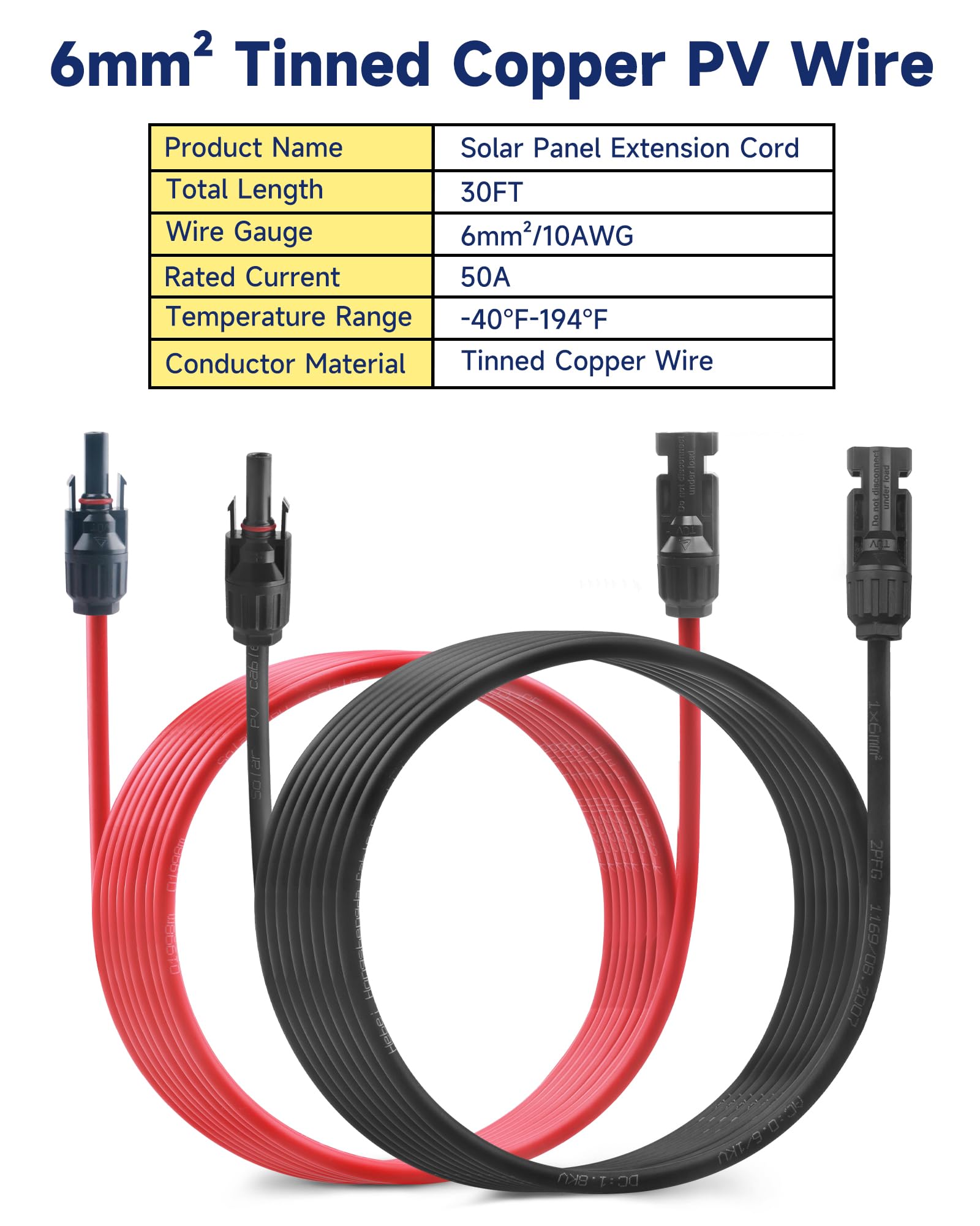 Kabel przedłużający solarny 9,1 m, kabel solarny 10 AWG z wodoodpornymi złączami, czerwony i czarny przewód PV 6 mm² do kampera, przyczepy kempingowej, przyczep i systemów fotowoltaicznych