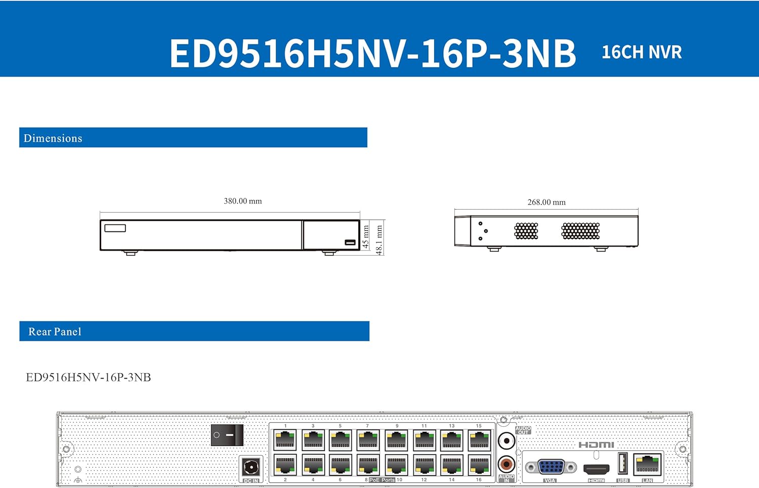 Titanium ED9516H5NV-16P-3NB NVR 16CH(16POE) 96/96Mbps 4K HDMI/VGA Audio 2 SATA (HDD Not Included) NDAA Network Surveillance Recorder