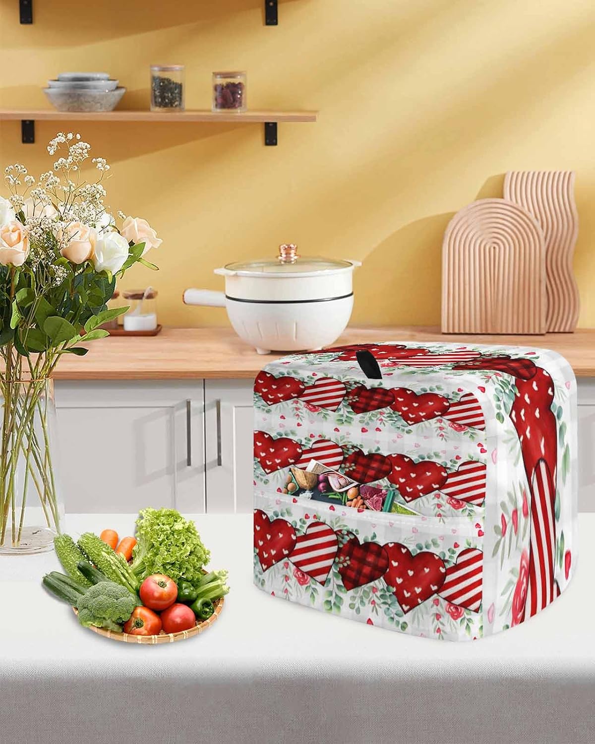 Stand Mixer Cover with Storage Pocket, Valentine's Day Waterproof Kitchen Mixer Covers, Red Strip Plaid Love Eucalyptus Grey Check Kitchen Appliance Dust Cover Compatible with 4/4.5 Quart Mixers