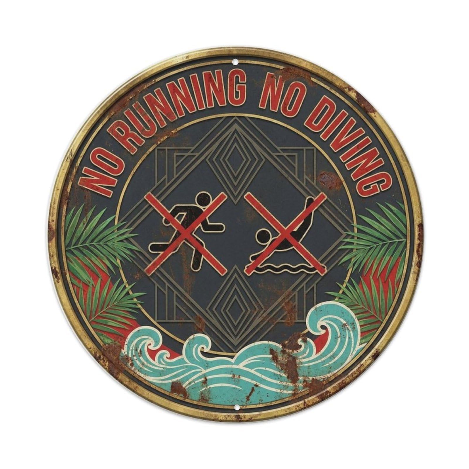 No Running Diving Wave Safety Vintage Pool Rules Badge Metal Tin Sign Plaque Wall Decor for Cafe, Man Cave, Club Bar, Office, Home Garden Round Metal Poster 8x8Inch