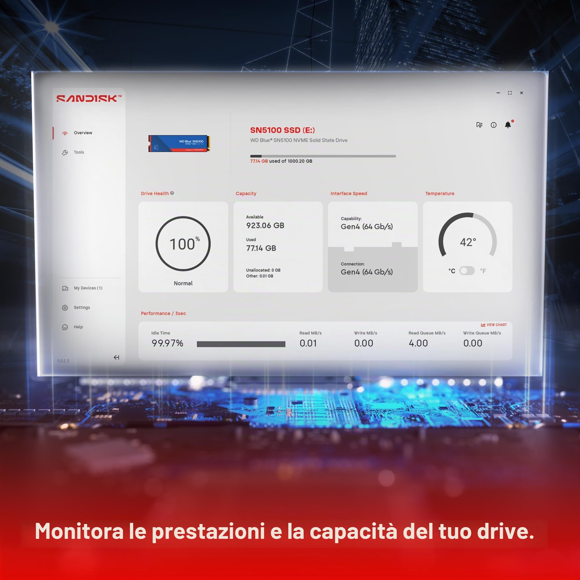 WD Blue SN5100 NVMe SSD 4TB (Fino a 6.900MB/s velocità di lettura, M.2 2280, PCIe Gen 4.0, nCache 4.0, Tecnologia SANDISK 3D CBA NAND, Acronis True Image, clonazione e migrazione) POWEREED BY SANDISK