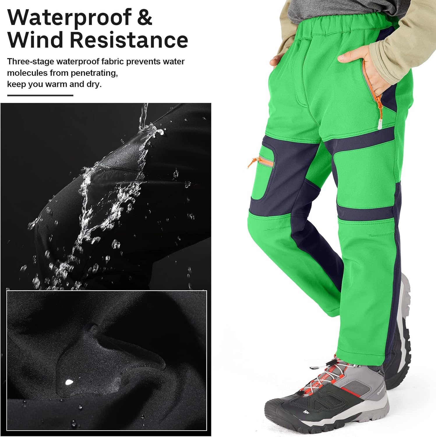 linlon Kids Boy's Snow Waterproof Pants Youth Fleece Lind Hiking Softshell Warm Insulated Trousers - Image 4