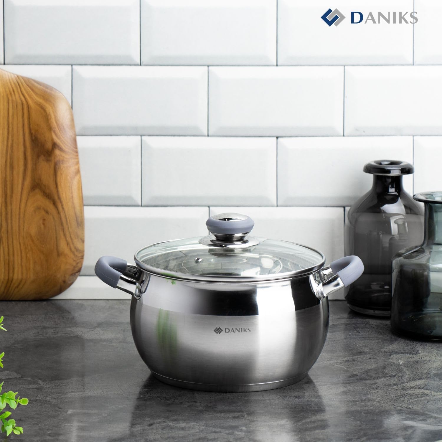 Daniks Modern Faitout Inox 20 cm 4 L, Casserole avec Couvercle en Verre, Tous Feux y Compris Induction, Poignées en Silicone, Échelle de Mesure, Argent