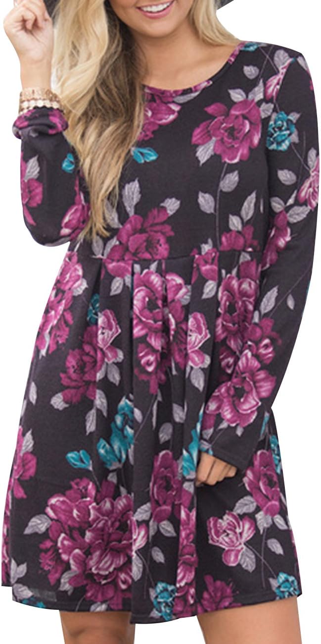 Women's Fall Winter Pleated Midi Dress Long Sleeve Floral Print Casual Swing Tunic Shirt Dress