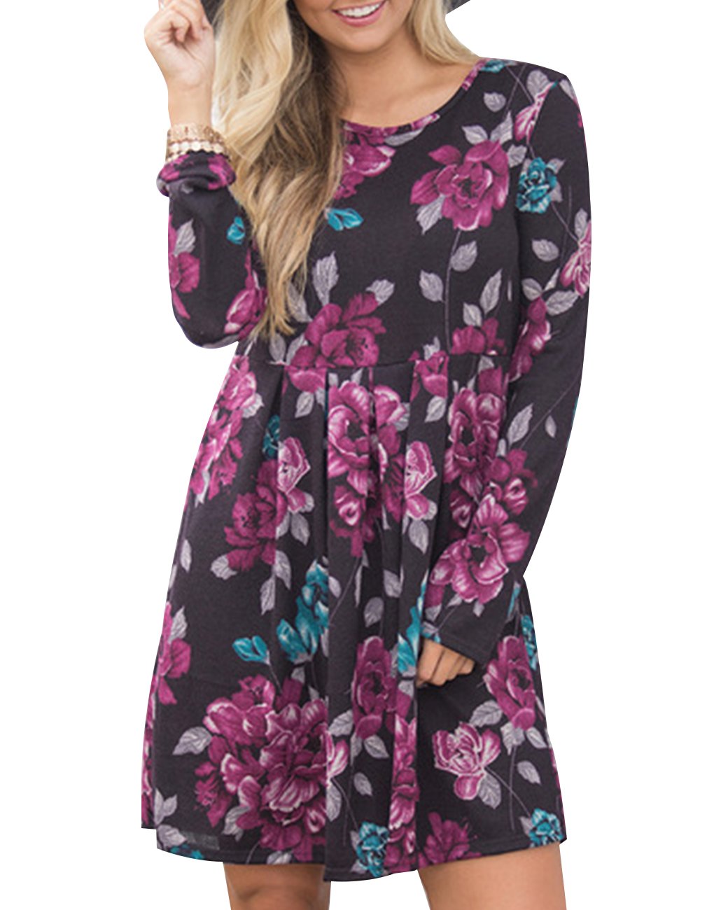 Women's Fall Winter Pleated Midi Dress Long Sleeve Floral Print Casual Swing Tunic Shirt Dress