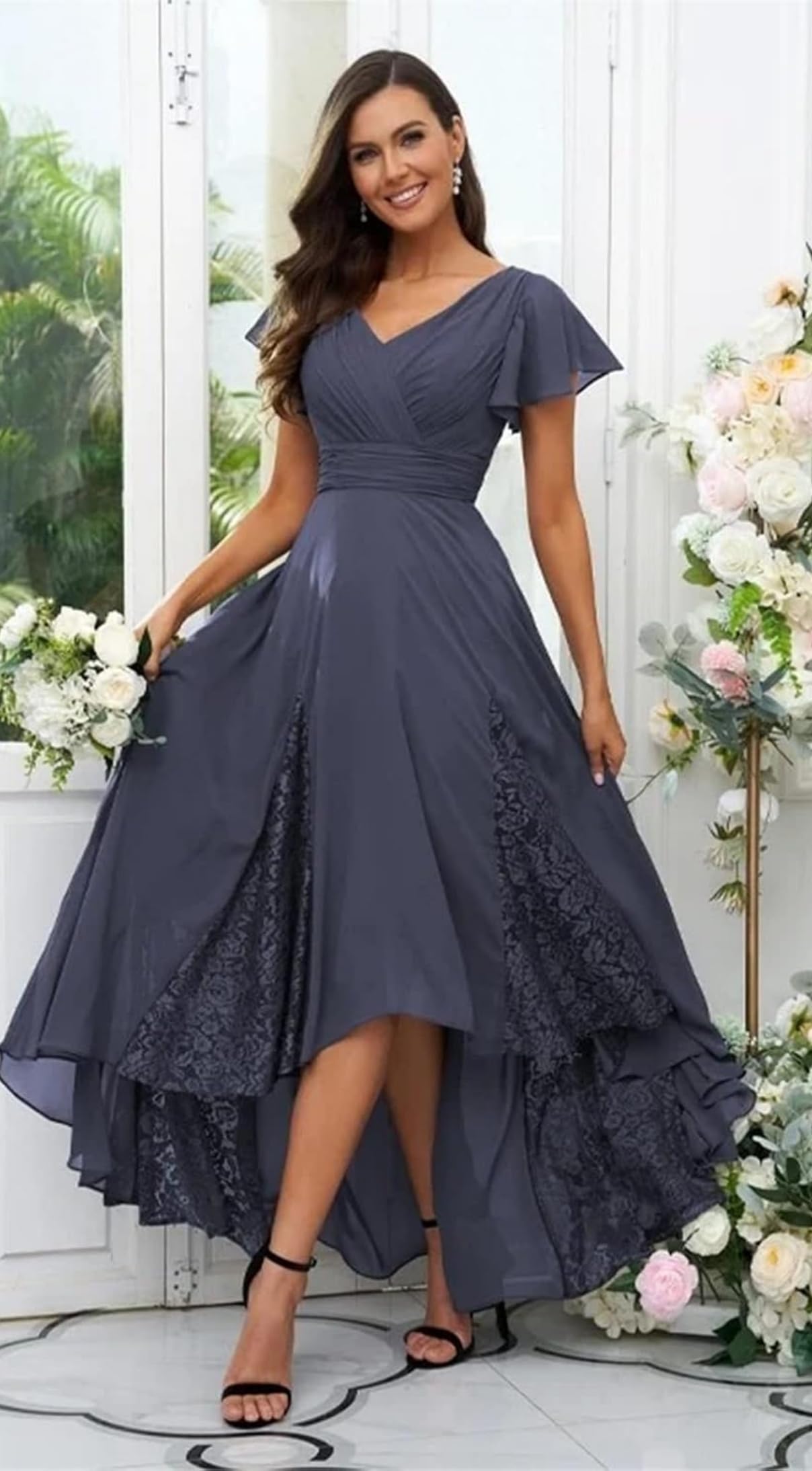 Tee Länge Brautmutterkleid V-Ausschnitt Spitze Abendkleid Chiffon A-Linie Festliche Kleider für Hochzeitsgast