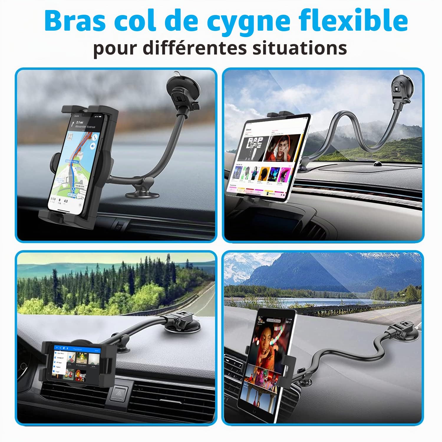 Support Tablette Ventouse Voiture Col de Cygne Flexible avec Bras Long 34cm | Porte Tablette Camion Tableau de Bord/ Pare Brise pour iPad Pro Air Mini, Galaxy, Kindle, Téléphone, 4-13"