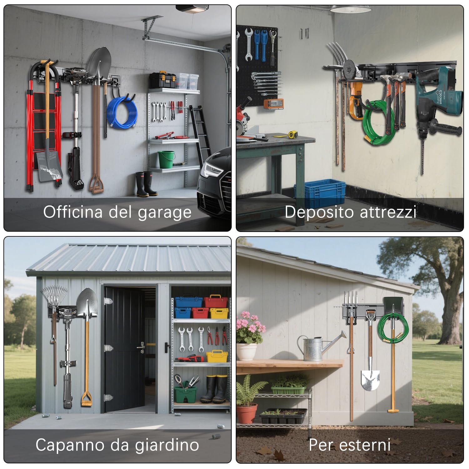 3-H Portautensili per garage, 160 cm, regolabili, 11 ganci da parete per garage e 4 ganci a S, per attrezzi da giardino, per cantina, attrezzature da sci, scopa, rastrello, nero