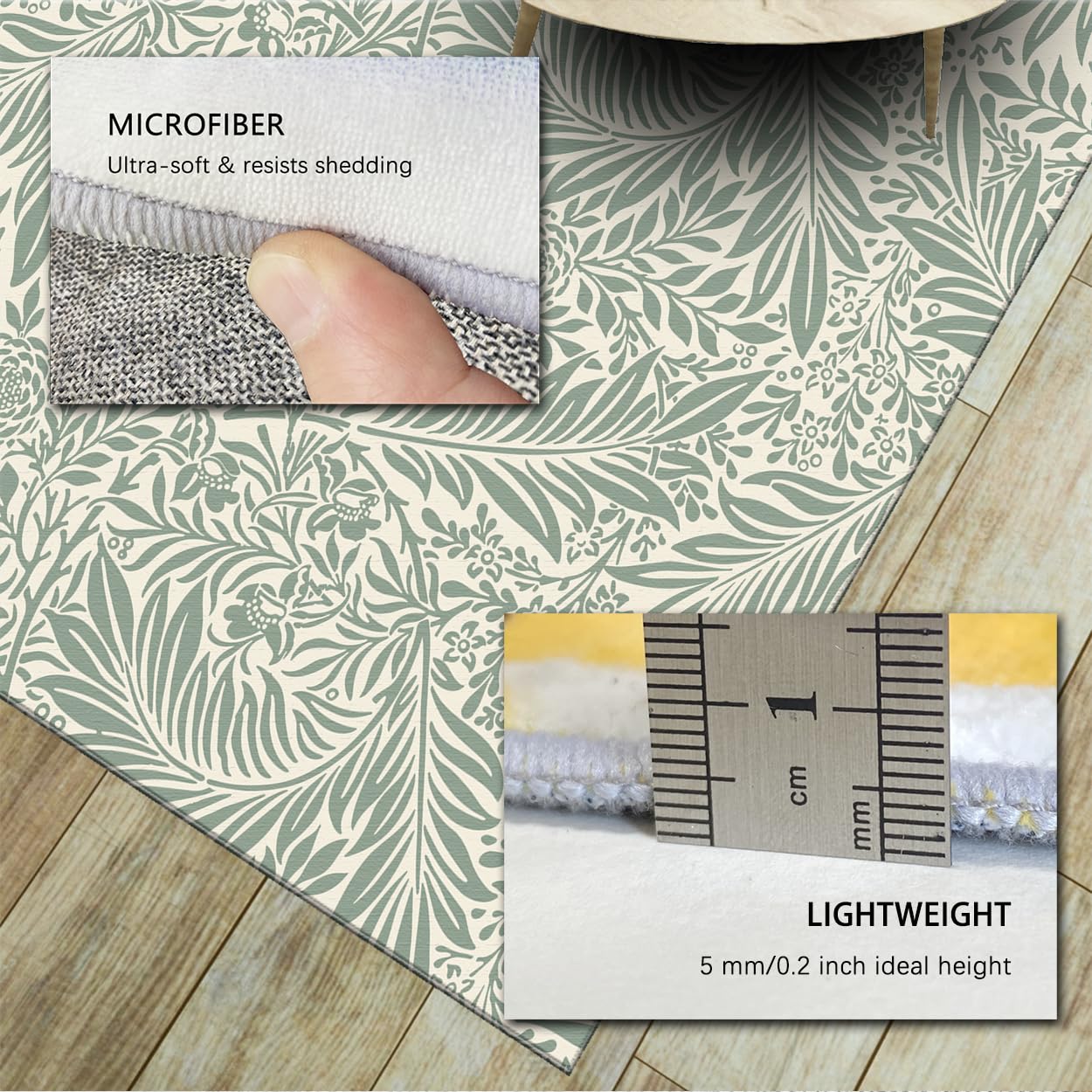 Tapis Vert Sauge 60x120cm Tapis Vintage Floraux lavables pour Le Salon Plantes Traditionnelles Tapis de Sol Tapis à Poil Bas et Design bohème moquettes pour Chambre