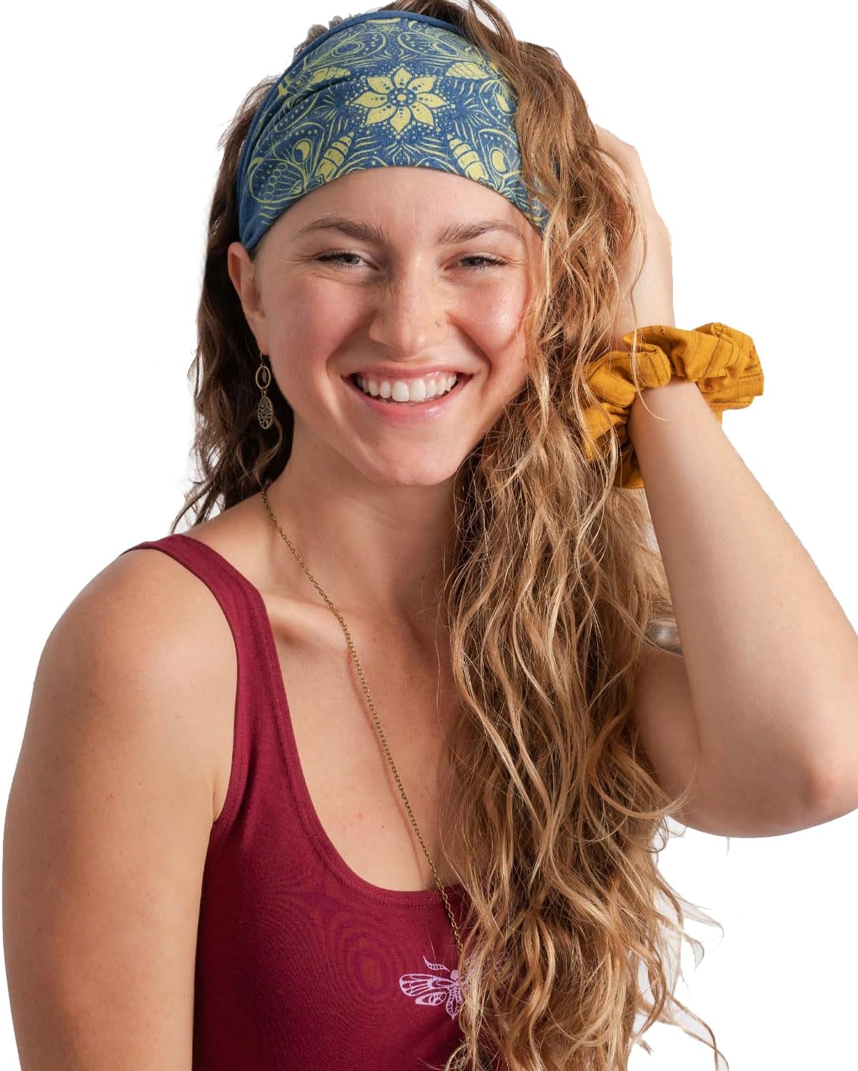 Soul Flower Women's Moon Moth Boho Headband, Raw Edges, Organic Cotton Stretchy Wide Half Bandeau Accessory (Moon Moth - Heather Ocean)
