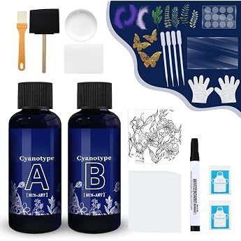Miioto Cyanotypie Kit Cyanotype mit Sensitizer Cyanotypie Papier 53 St ck Sonnendruck-Set f r DIY Vintage Blau Kunst f r Papier und Stoff Fotografische Blaupausen f r Anf nger & K nstler