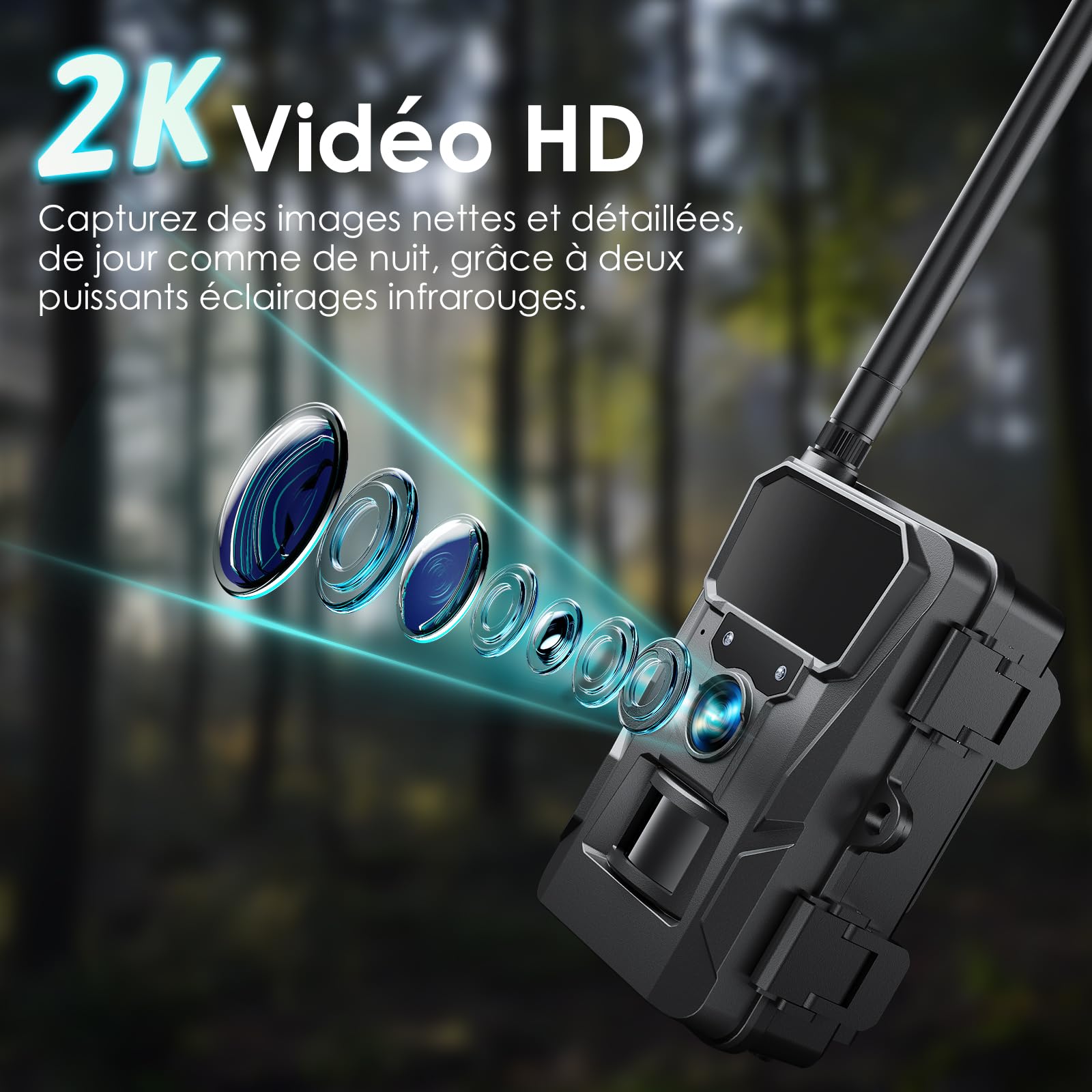 WOLFANG Caméra de Chasse 4G, 48 MP 2K HD Caméra Chasse avec Détection de Mouvement, Vision Nocturne, Déclenchement 0,2 s, IP66 Étanche pour l'observation des Animaux Noir