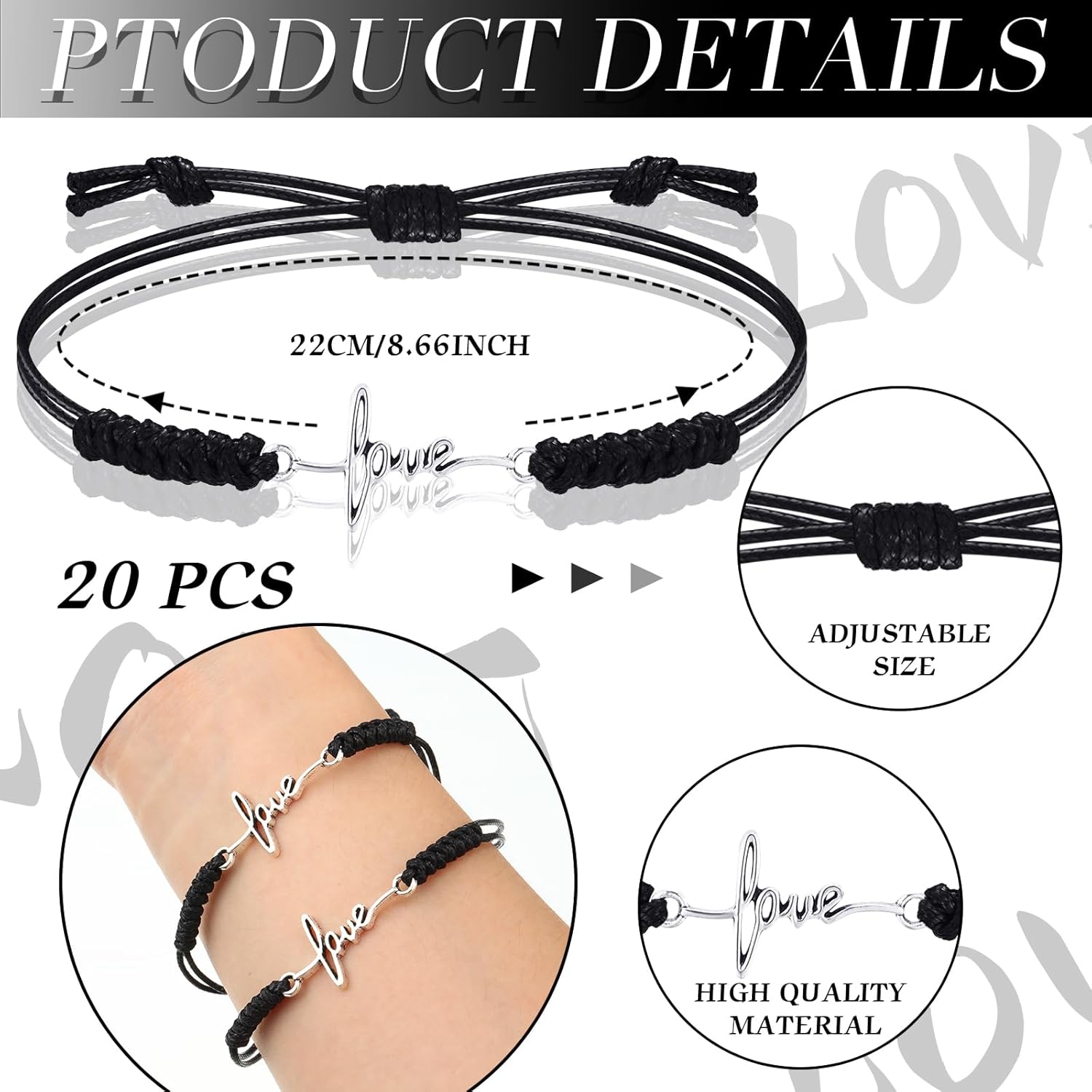 Rtteri 20 Pcs Faith Bracelets Inspirational Birthday Jewelry Gifts Bulk Stainless Steel Charm Adjustable Faith Bracelet Religious Gifts for Women Christian Jewelry Gifts (Love) - Image 2