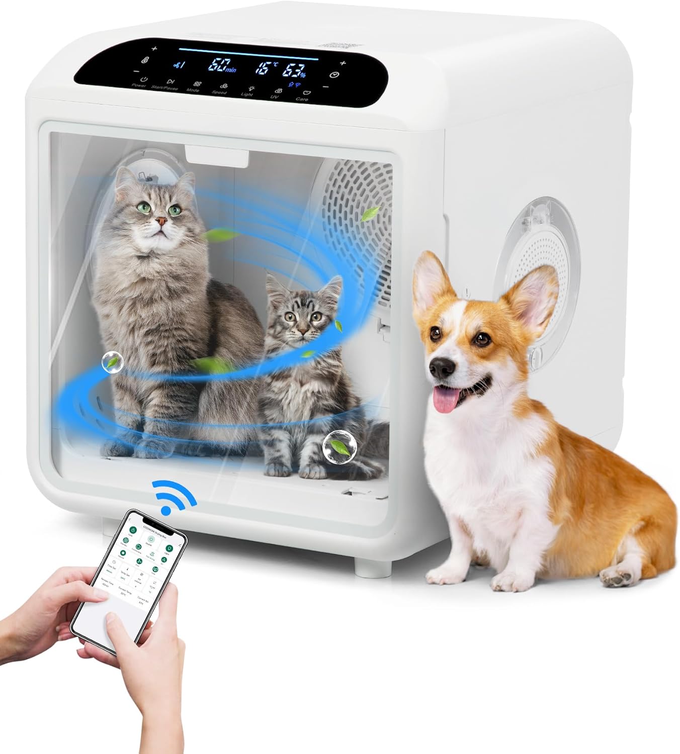 72L Large Pet Dryer Box, Automatic Ultra Quiet Cat Hair Drying Box with Smart Temperature, Wind and Time Via APP or Touch Panel Control, Grooming Small Middle Dog Blower