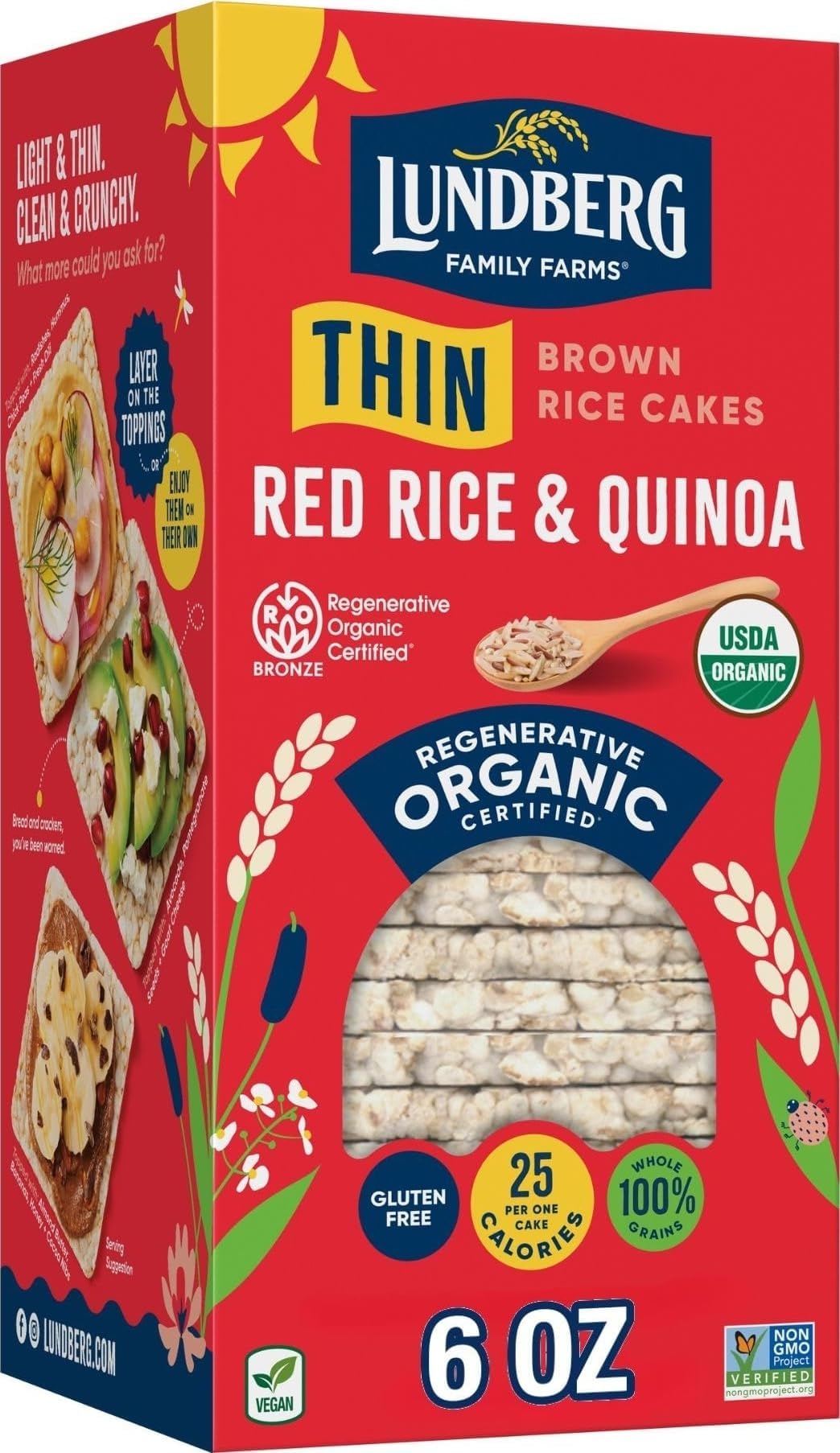 Lundberg Organic Thin Stackers, Red Rice & Quinoa, Salt-Free, Thin Multigrain Rice Cakes, Gluten-Free, Vegan, Healthy Snacks, 6 oz (Pack of 1)