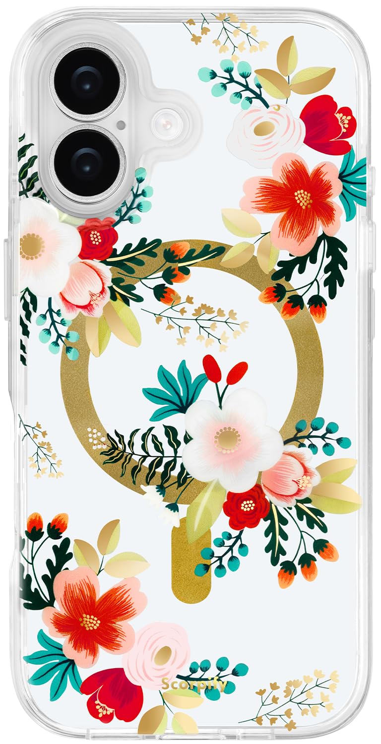 SCORPIFY for iPhone 17 Case [Compatible with MagSafe] with White Primrose Floral Design, Cute Clear Flower Magnetic Phone Cover for Women Girls, Slim Shockproof Bumper with Gold Accents